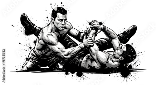 Dynamic Grappling Match Between Two Muscular Fighters in Intense Combat.