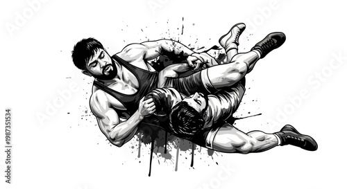 Dynamic black and white illustration of two wrestlers in intense combat.