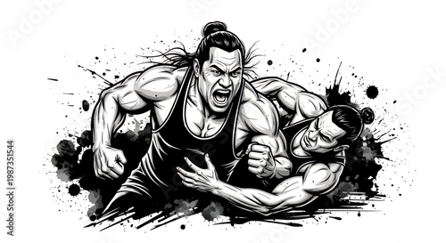 Dynamic Black and White Illustration of Two Wrestlers in Intense Grappling Action.
