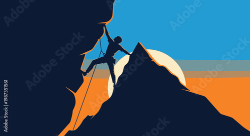 Silhouetted Climber Ascends Mountain Peak Against Vibrant Sunset Sky