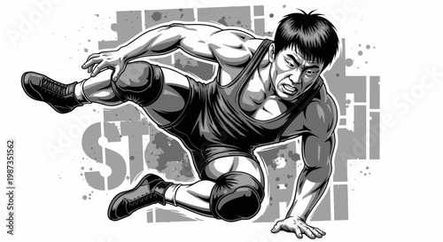 Dynamic Illustration of a Male Wrestler in Action.