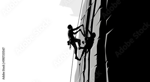 Silhouetted Climbers Ascend Rocky Vertical Ascent Adventure