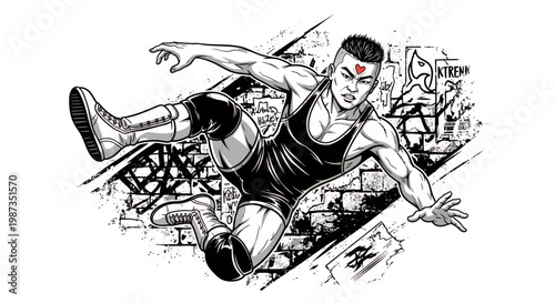 Dynamic illustration of a male wrestler in action pose.
