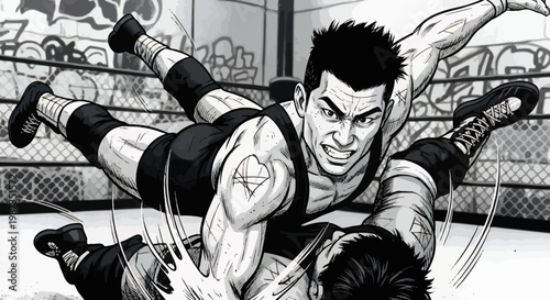 Dynamic black and white illustration of two wrestlers grappling in a ring, intense action.