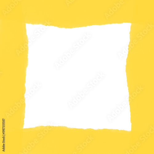 A vibrant yellow background with a torn black square in the center
