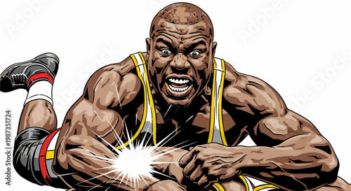 Muscular male wrestler in intense action.