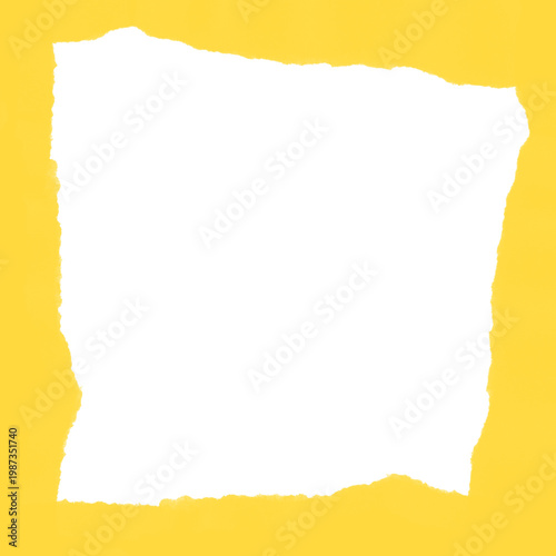 A bright yellow background with a large black torn paper shape in the center
