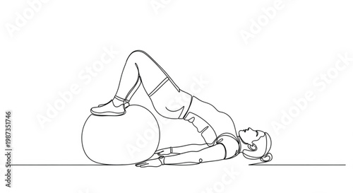 One line drawing of woman doing bridge exercise on fitness ball minimalist vector illustration