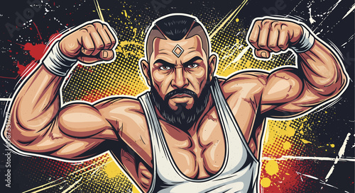 Muscular man with beard flexing biceps in a powerful pose, showcasing strength and determination.