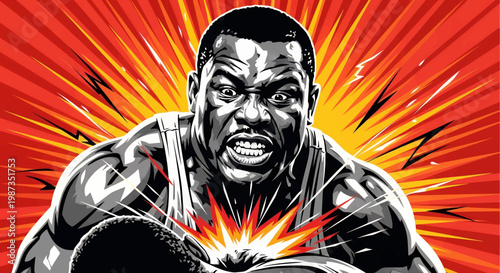 Powerful African American Boxer in Dynamic Comic Book Style Illustration.