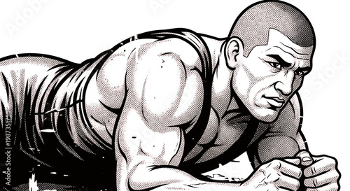 Muscular man performing a plank exercise with intense focus.