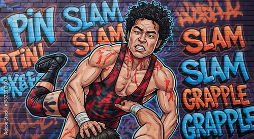 Intense Wrestler in Action with Graffiti Background.
