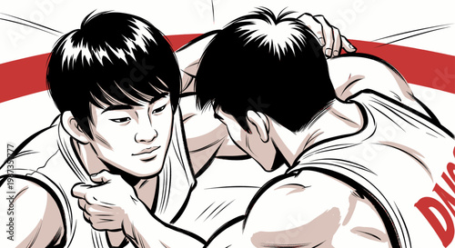 Two determined male wrestlers engage in an intense arm wrestling match, showcasing strength and focus.