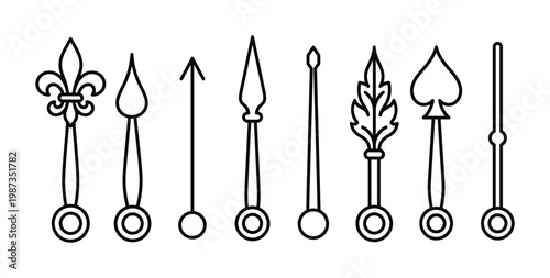 Set of black outline finials and spearheads. Minimalist vector art suitable for design elements, flags, decorative accents, or historical themes.