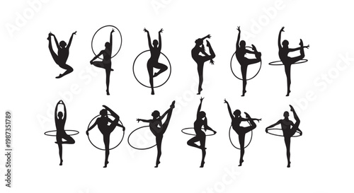 Rhythmic gymnastics athletes performing with hoops in dynamic poses athletic grace and flexibility.