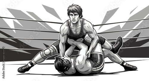 Two male wrestlers grappling in a wrestling ring during a competition.