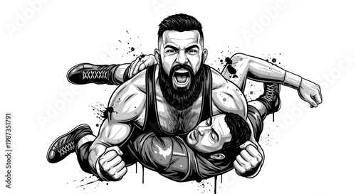 Two male wrestlers grappling in an intense match.