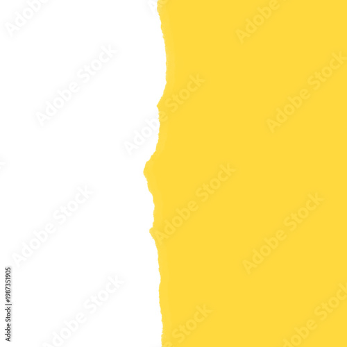 A vibrant yellow background with a torn edge revealing a black surface