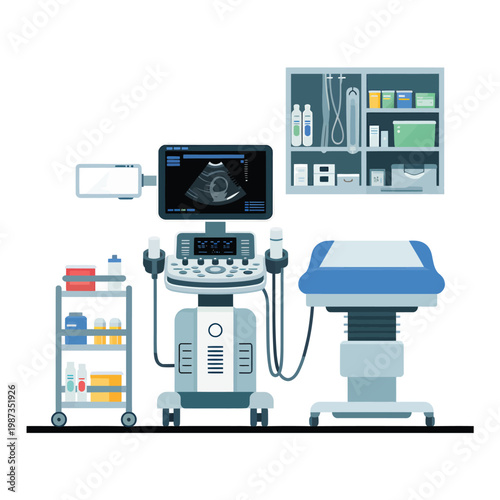 Illustration of a modern ultrasound machine in a medical examination room