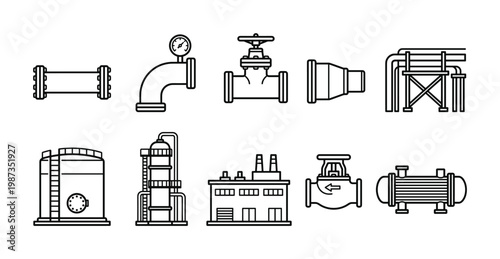 Outline vector icons depicting industrial pipes, valves, pressure gauges, tanks, and factories, ideal for engineering, oil, gas, chemical, or manufacturing designs.