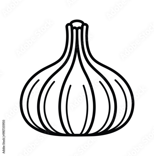 A clean, simple black outline illustration of a garlic bulb, ideal for culinary designs, food apps, healthy eating concepts, recipes, and kitchen branding projects.