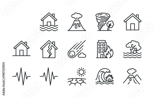 Essential vector line icons depicting natural disasters, hazards, and climate risks. Perfect for apps, websites, infographics, and safety awareness campaigns.