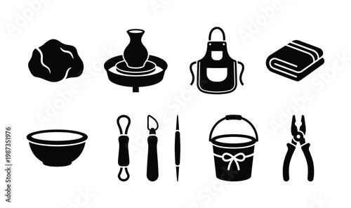 A collection of black silhouette vector icons related to pottery and ceramic crafting, including clay, wheel, apron, tools, and finished items. Ideal for craft, hobby, workshop, education designs.