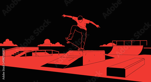 Skateboarder Performing A Trick In A Minimalist Skate Park Environment With Bold Red And Black