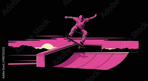 Skateboarder Performing Aerial Trick Against A Stylized Sunset