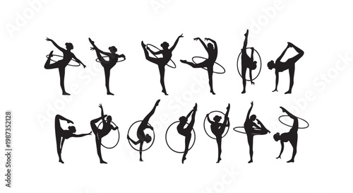 Rhythmic gymnasts performing with hoops in silhouette poses on white background.