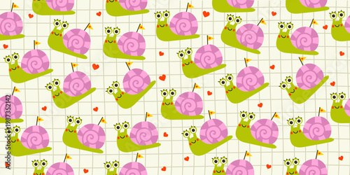 Snail seamless pattern cute cartoon mollusk grid background