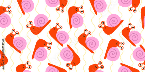 Snail seamless pattern abstract cartoon mollusk colorful background