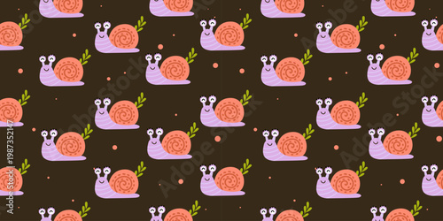 Snail seamless pattern cute cartoon mollusk dark background