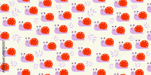 Snail seamless pattern cute cartoon mollusk purple background