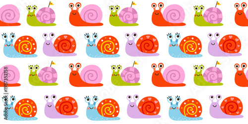 Snail seamless pattern cute cartoon mollusk horizontal layout background