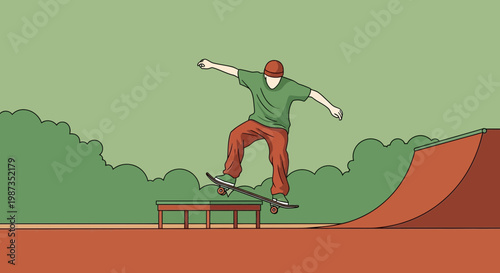 Skateboarder Performing Trick On A Rail In A Skatepark Outdoor Illustration
