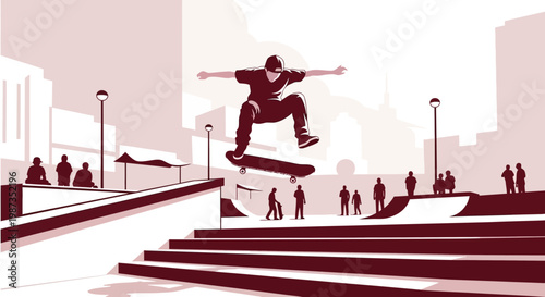 Skateboarder Performs Aerial Trick In Urban Skatepark With City Skyline Background