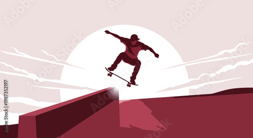 Skateboarder Performs Aerial Trick Against Sunrise Sky