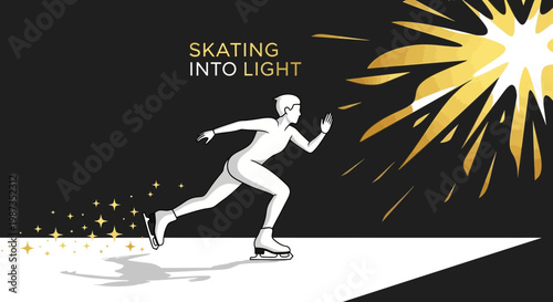 Skater Gliding Towards Radiant Golden Energy Burst