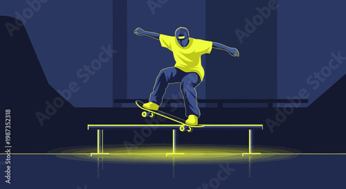 Skater Grinding On Rail In Urban Night Park Lifestyle Action