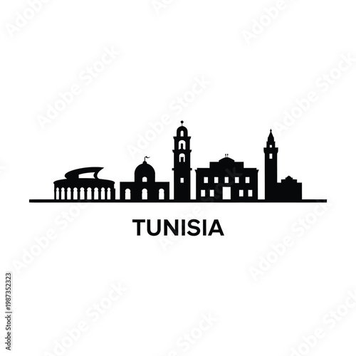 Silhouette of tunisian city skyline with country name below it