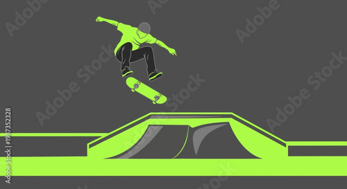 Skater Performing Aerial Trick Over Neon Green Ramp