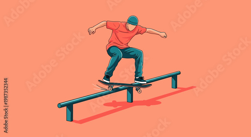Skater Performing Grinding Trick On Rail Street Sport Action Illustration
