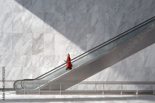 Woman in red coat ascends escalator against a bright marble wall