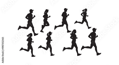 Runners silhouettes set of men and women jogging exercising on track or road fitness sport activity people illustration.