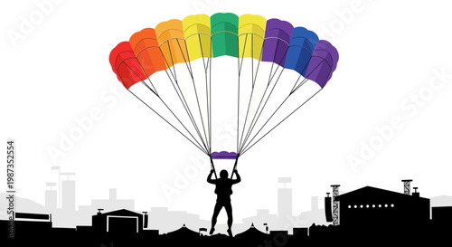 Skydiver Descends With Vibrant Rainbow Parachute Over Cityscape