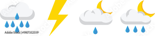 Set of Minimalist Weather Icons with Rain, Thunderstorm, and Cloud Illustrations for Forecast, Climate, and Digital Design Projects
