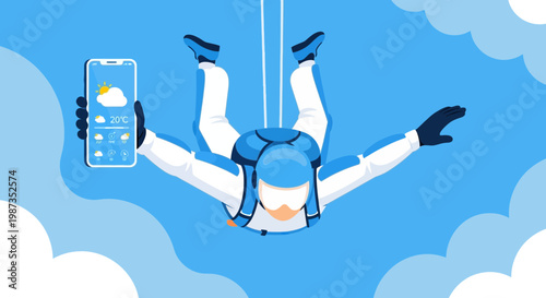 Skydiver Holding Weather App in Freefall