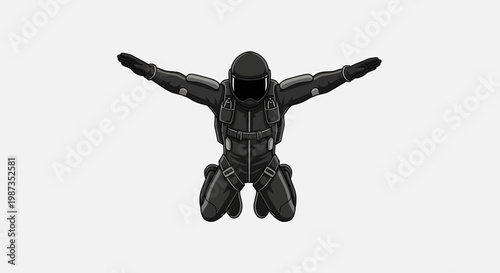 Skydiver In Action Full Black Suit With Arms Outstretched In Freefall Motion