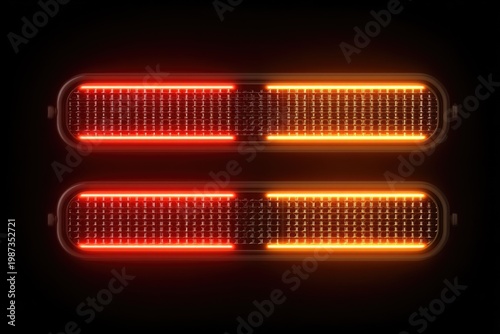 Two rows of glowing orange and red indicator lights on black background